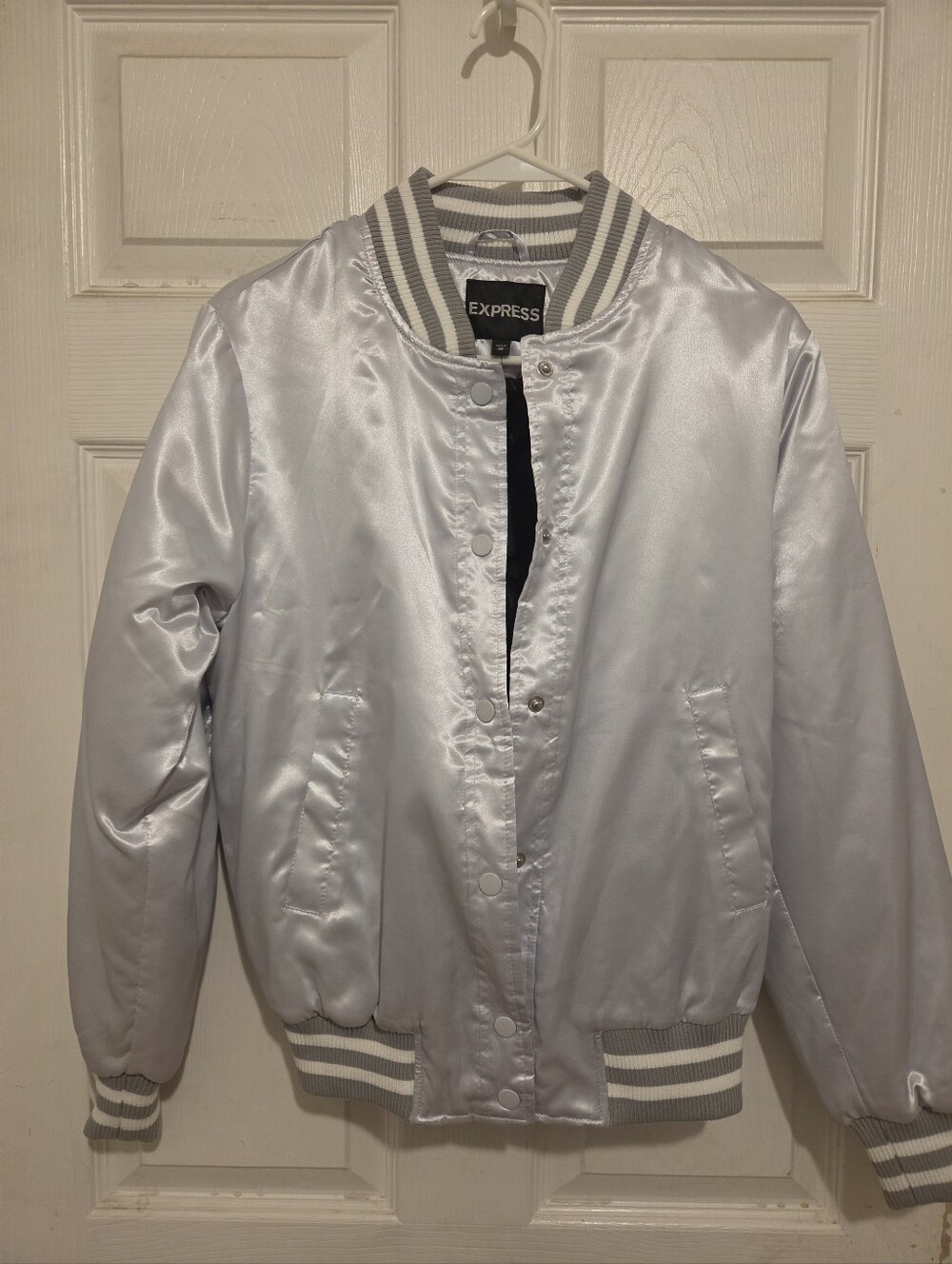 Express Silver Satin Varsity Bomber Jacket XS NWOT